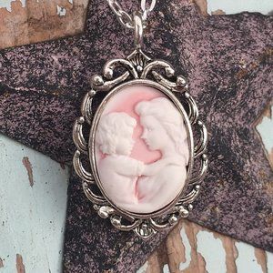 Pink White cameo Mother child Silver gold Necklace